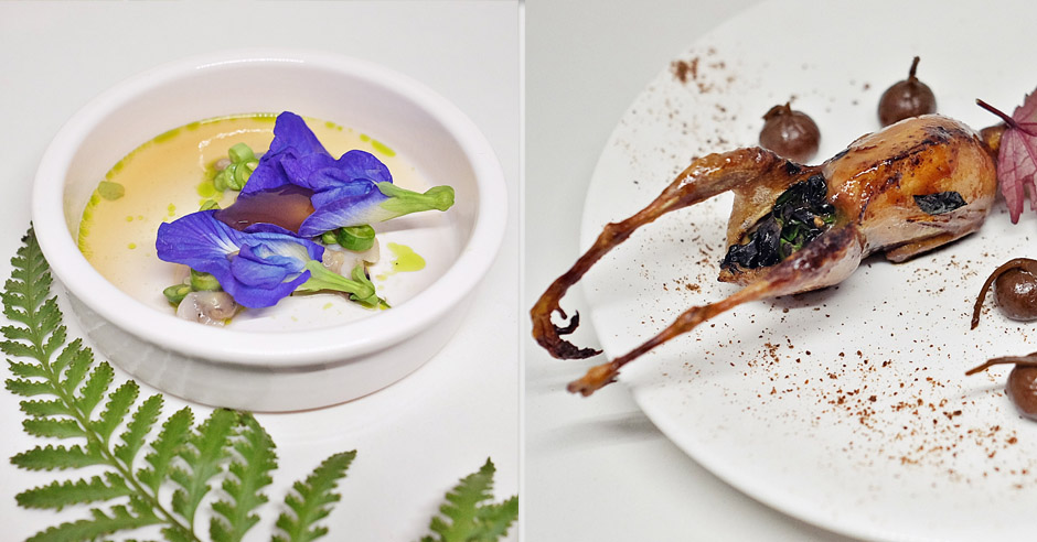 Left: Lala Clams with Rose Apple Verjuice. Right: Quail with Poached Figs