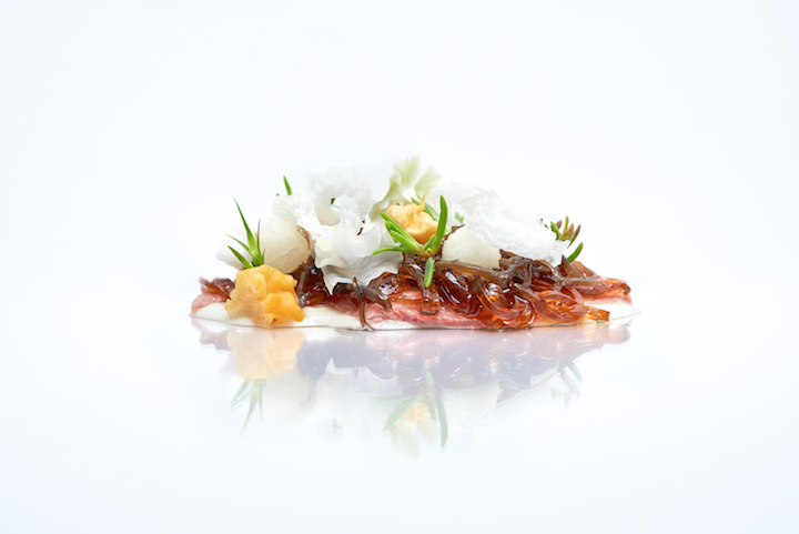 Red braised Challans duck, eggplant cream, kanten noodles, water chestnut, Chinese jelly mushrooms.