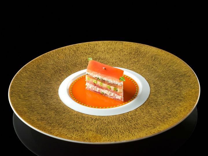 King crab and tomato mille-feuille with a coulis verjuté, Joel Robuchon Restaurant. (Credit:Joel Robuchon Restaurant)
