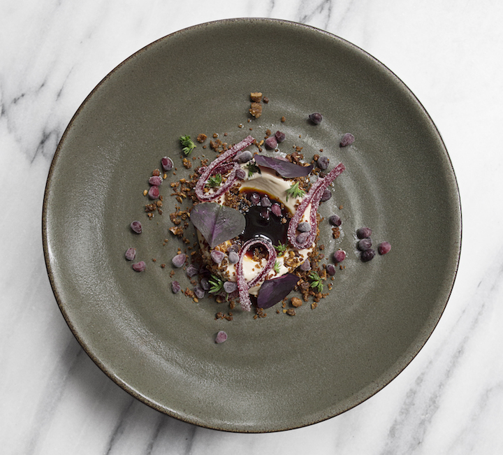 Foie gras ice cream, blackberries and birch syrup. Credit: Signe Birck.